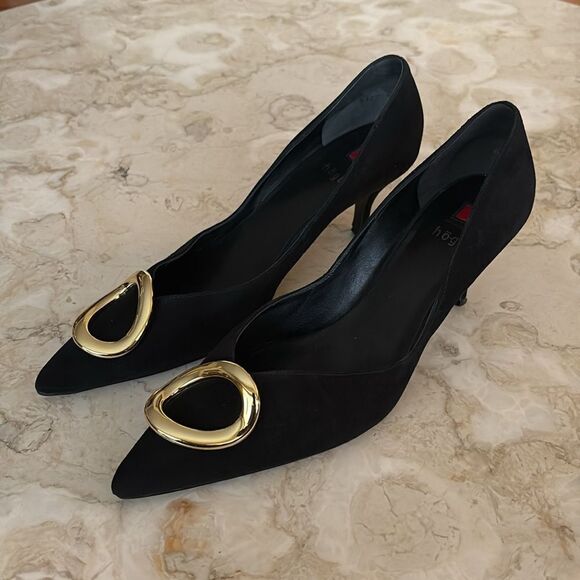 Hogl Suede Leather Kitten Heels Gold Tone Buckle 6-6.5 - Picture 2 of 13